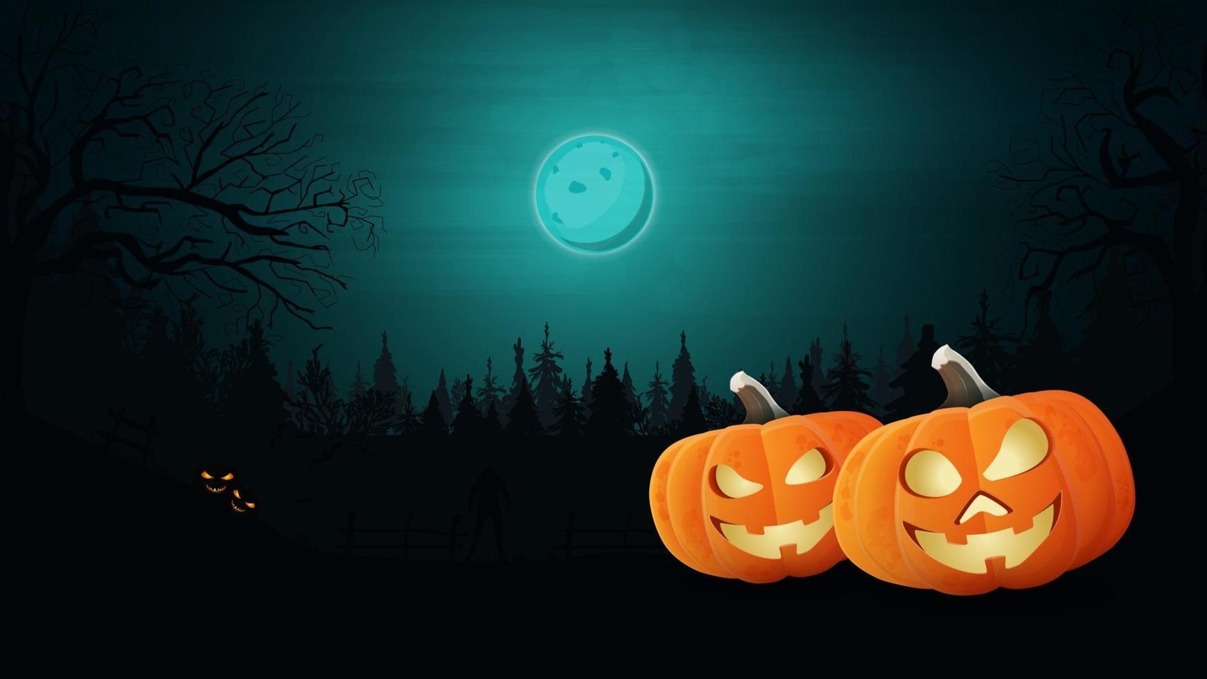 halloween-achtergrond, halloween-pompoenen in het donkere bos vector