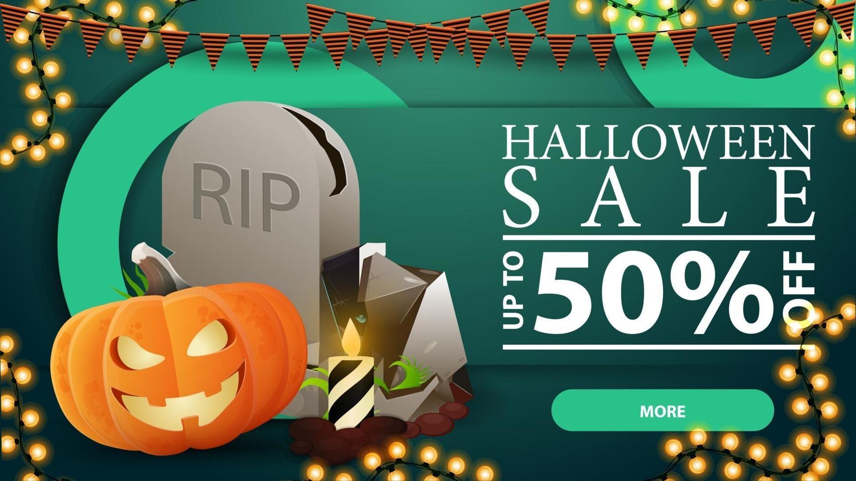 halloween-uitverkoop, groene moderne volumetrische webbanner met grote cirkel, grafsteen en pompoenhefboom vector