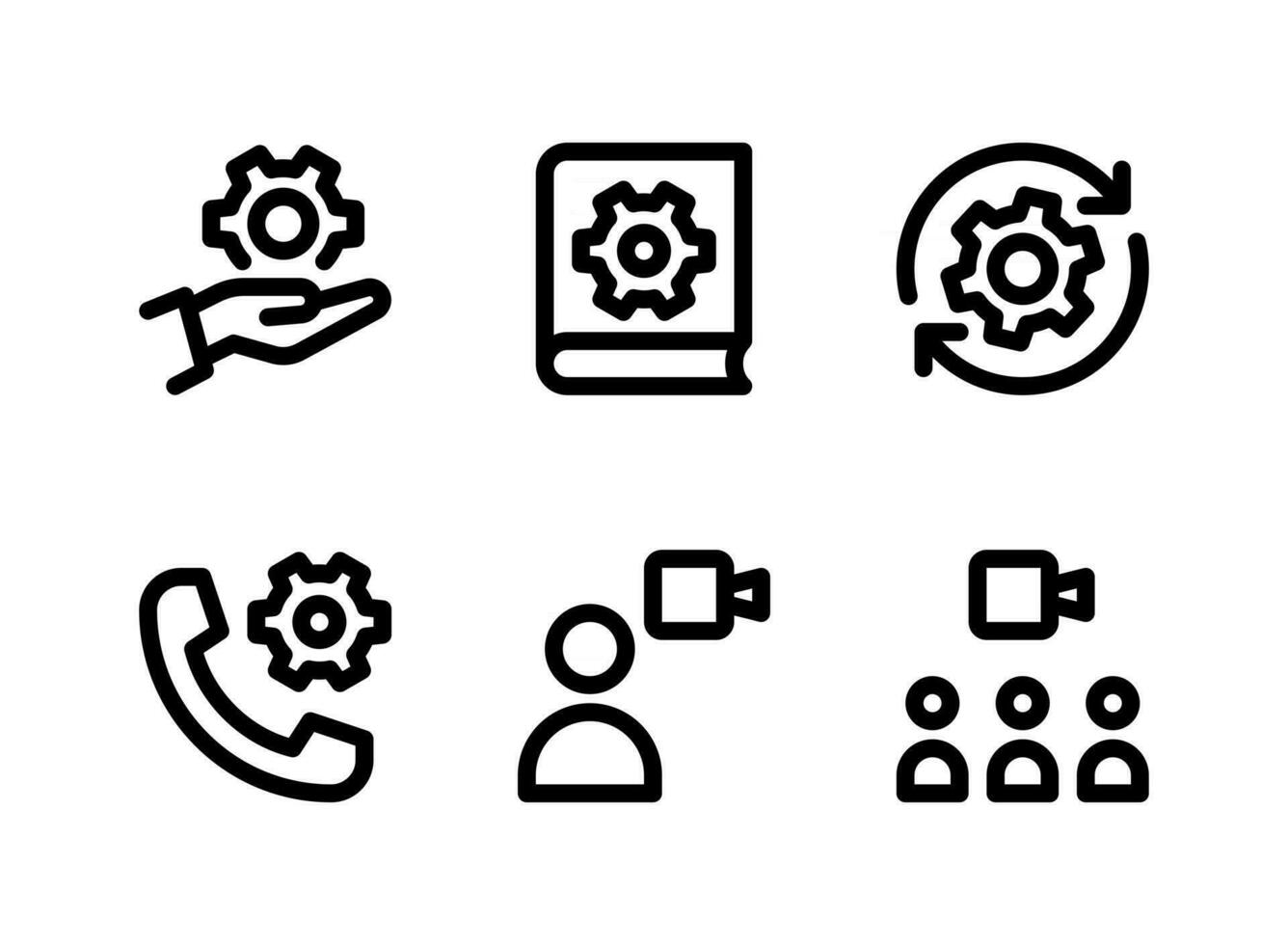 eenvoudige set hulp en ondersteuning gerelateerde vectorlijnpictogrammen. bevat pictogrammen als systeemconfiguratie, handmatig boek, videogesprek en meer. vector