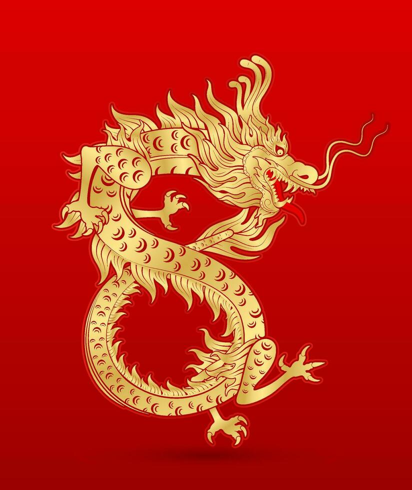 traditioneel Chinese draak goud dierenriem teken aantal 8 oneindigheid geïsoleerd Aan rood achtergrond voor kaart ontwerp afdrukken media of festival. China maan- kalender dier gelukkig nieuw jaar. vector illustratie.