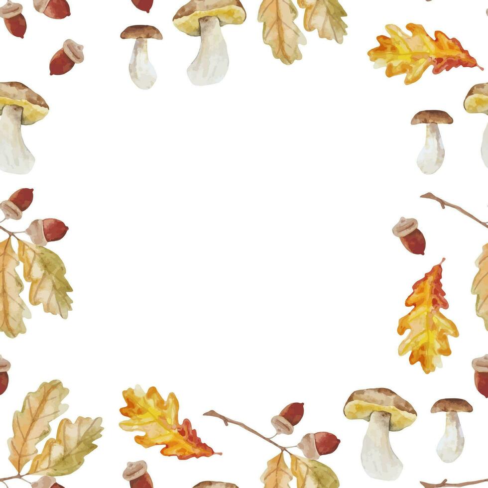 waterverf herfst kader met kleurrijk eik bladeren, champignons en eikels voor textiel, servetten, decoraties vector