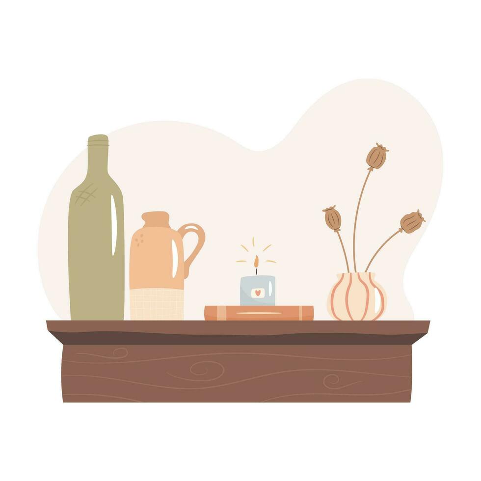 houten plank met klei vazen, droog papaver zaden, stapel van boeken en verlicht kaars. knus herfst dagen concept. vector