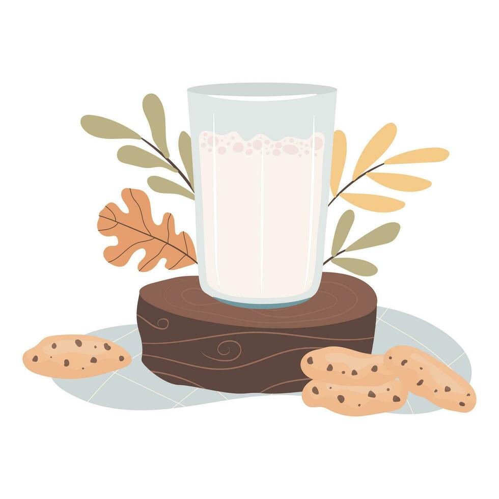 melk en koekjes. glas van melk. ochtend- ontbijt concept. knus herfst dagen concept. vector
