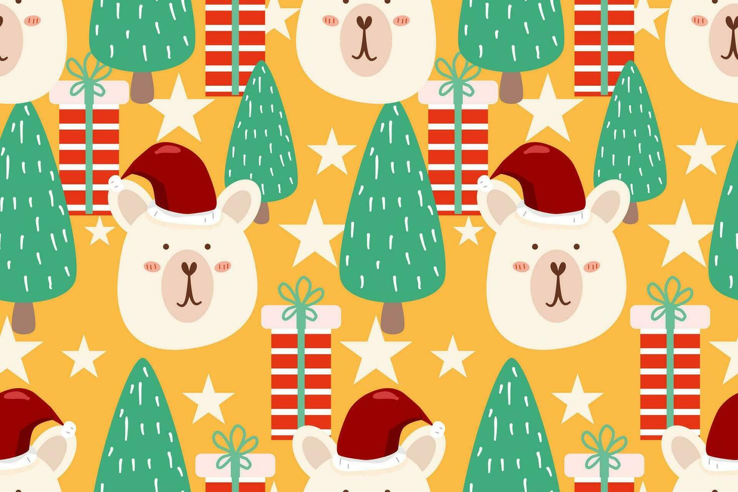 Kerstmis naadloos patroon Aan oranje achtergrond.naadloos patroon van polair beer, boom, ster, cadeau.cartoon karakter hand- getrokken vector illustratie.ontwerp voor textuur, stof, kleding, verpakking papier, afdrukken.