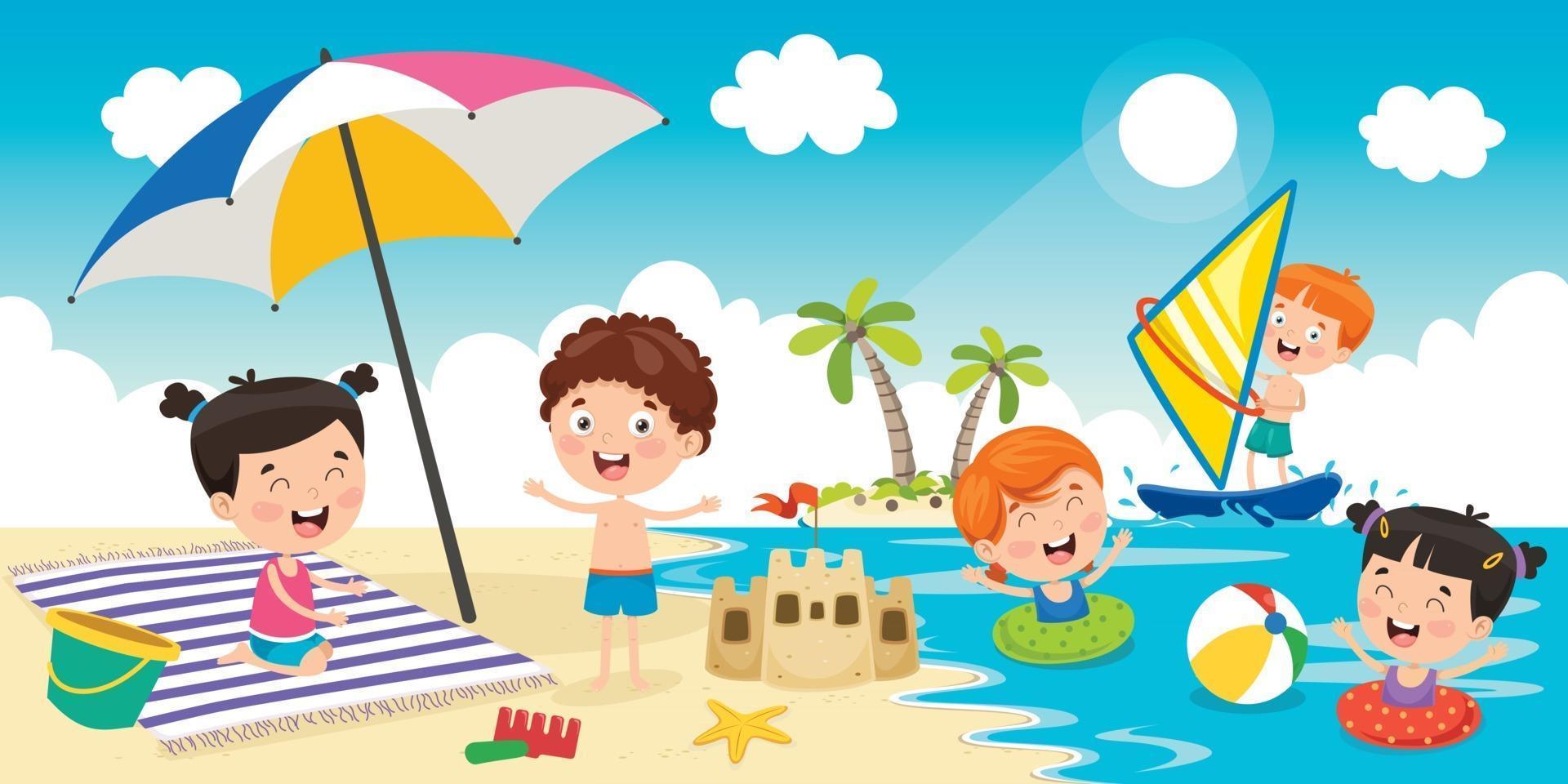 kleine kinderen die op het strand spelen vector