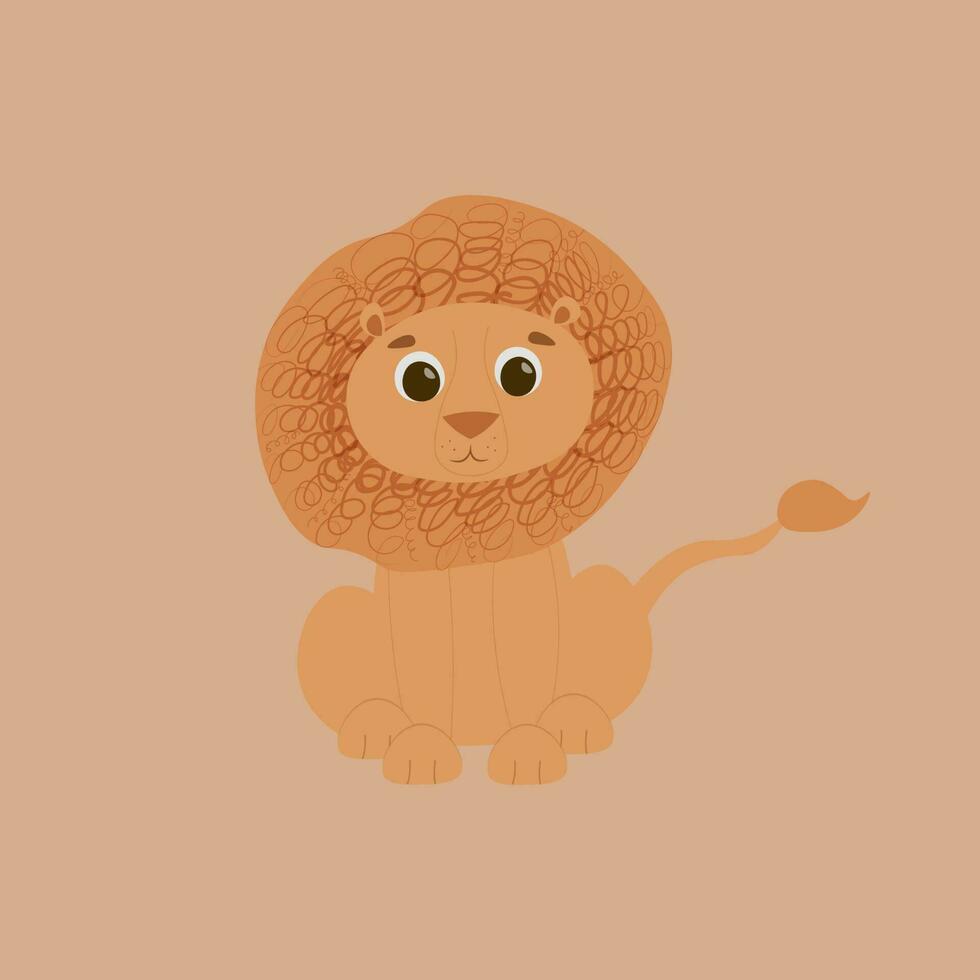 kleurrijk schattig leeuw, welp in Scandinavisch stijl, vlak ontwerp, kawaii dier voor babyshower, safari Leo vector