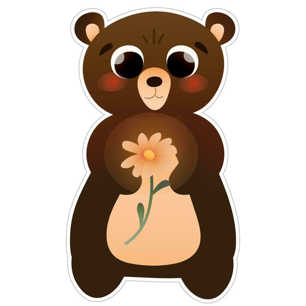 schattig beer met madeliefje sticker voor kinderen, groet illustratie, aanbiddelijk verjaardag dier met bloem vector