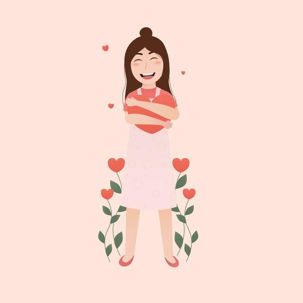 zelf zorg en liefde concept met schattig meisje Holding hart en liefde bloemen Aan roze achtergrond in tekenfilm stijl voor posters vector