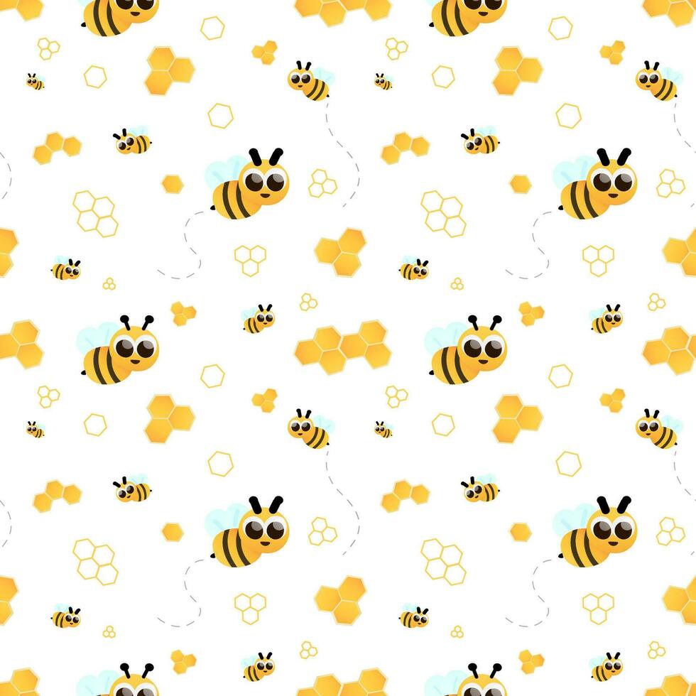 kinderachtig geel naadloos patroon met tekenfilm karakter bij en honing, illustratie voor kinderen kleding stof, baby douche of behang, omhulsel papier vector