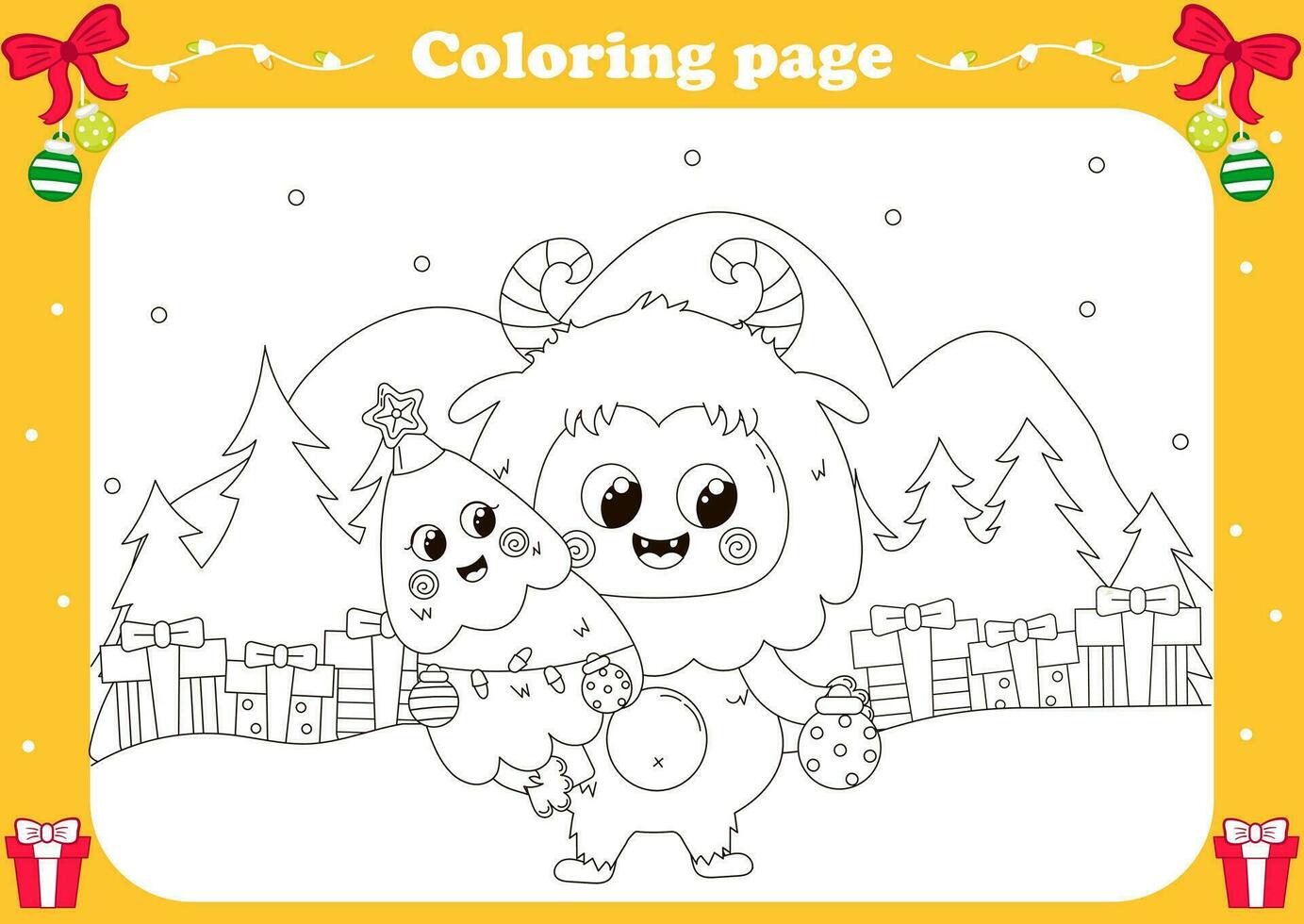 schattig kleur bladzijde met kawaii yeti of grote voet Holding Kerstmis boom en ornament bal, vector