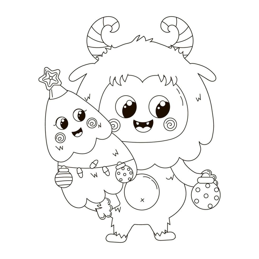 schattig kleur bladzijde met kawaii Kerstmis karakter yeti en Kerstmis boom vector