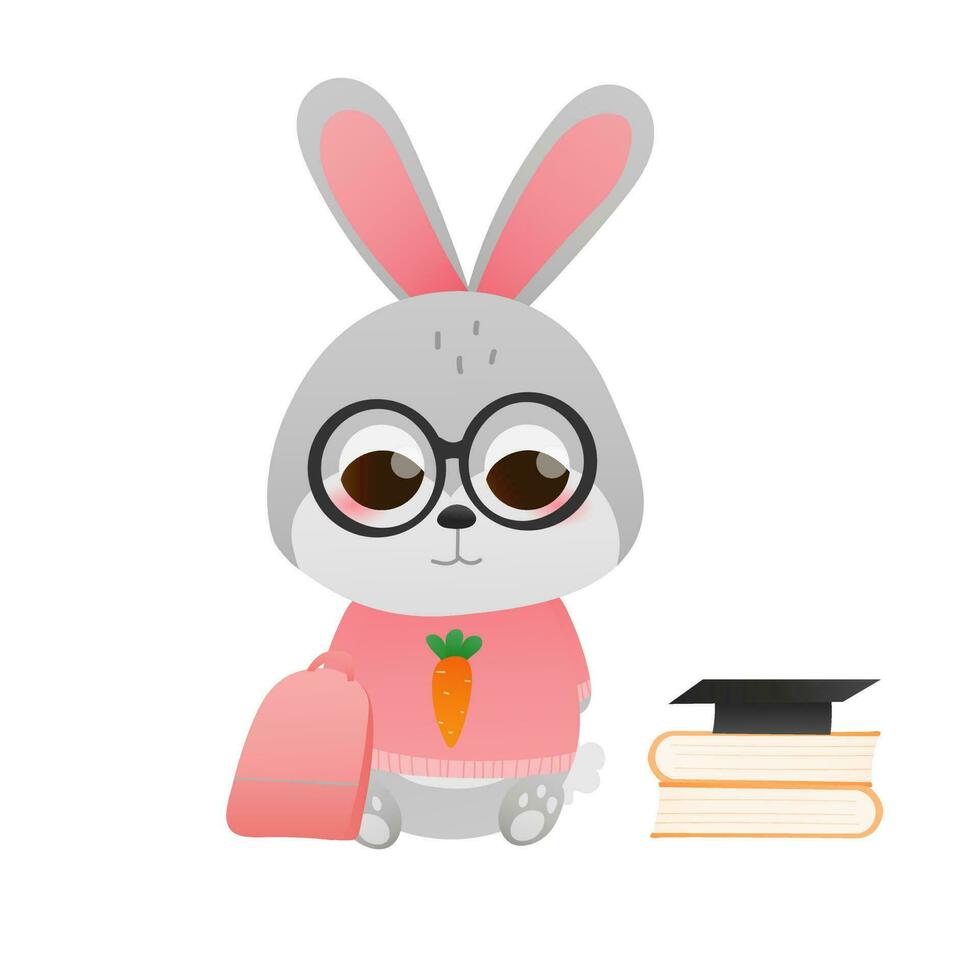 schattig weinig konijn aan het studeren in school, zittend met rugzak, dier onderwijs concept voor kinderen in tekenfilm stijl, aanbiddelijk leerling vector