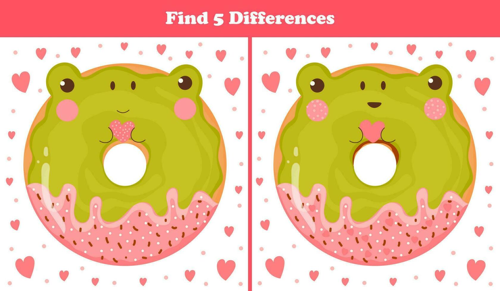 leerzaam vind vijf verschillen puzzel voor kinderen met schattig dier donut - kikker snoepgoed in tekenfilm stijl, afdrukbare spel voor kinderen boeken vector