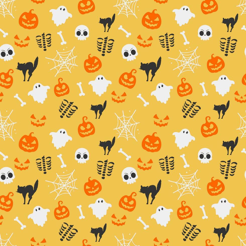 halloween naadloos patroon met geesten skelet pompoenen katten en spinnenweb Aan geel achtergrond vector