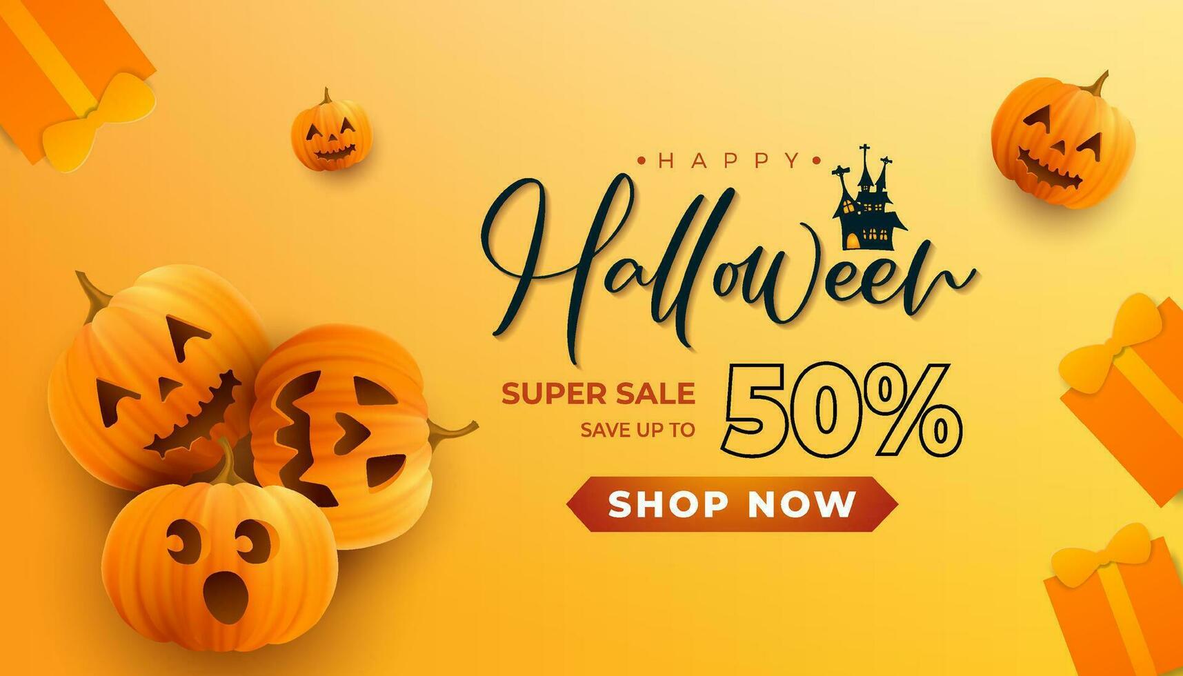 gelukkig halloween horizontaal uitverkoop banier voor Promotie met realistisch pompoenen ans geschenk doos Aan geel achtergrond vector