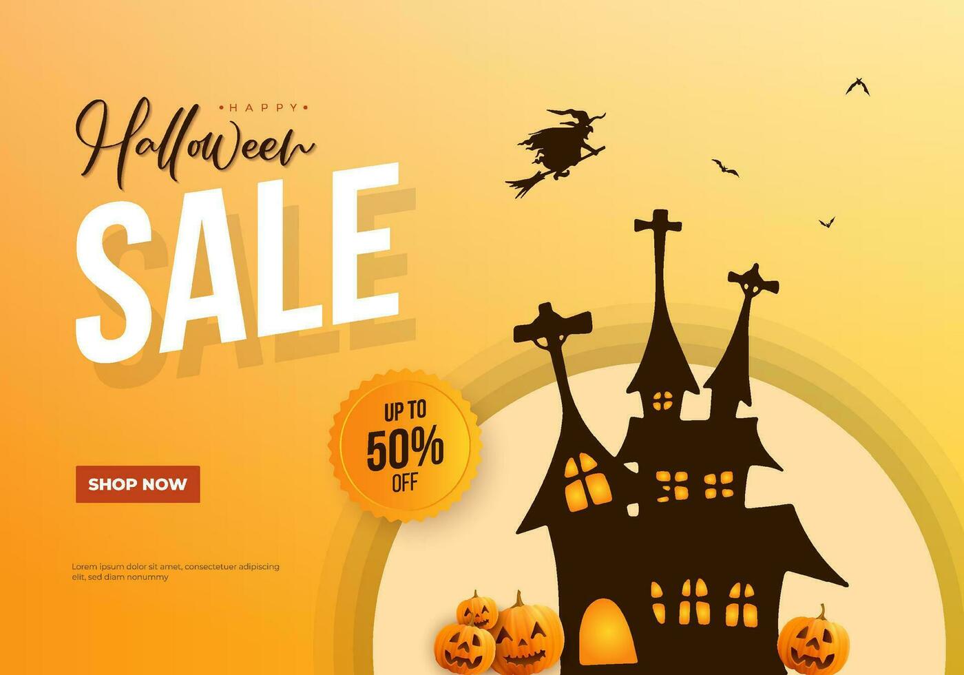 gelukkig halloween uitverkoop banier illustratie met achtervolgd kasteel en vliegend heks. uitverkoop korting etiket vector