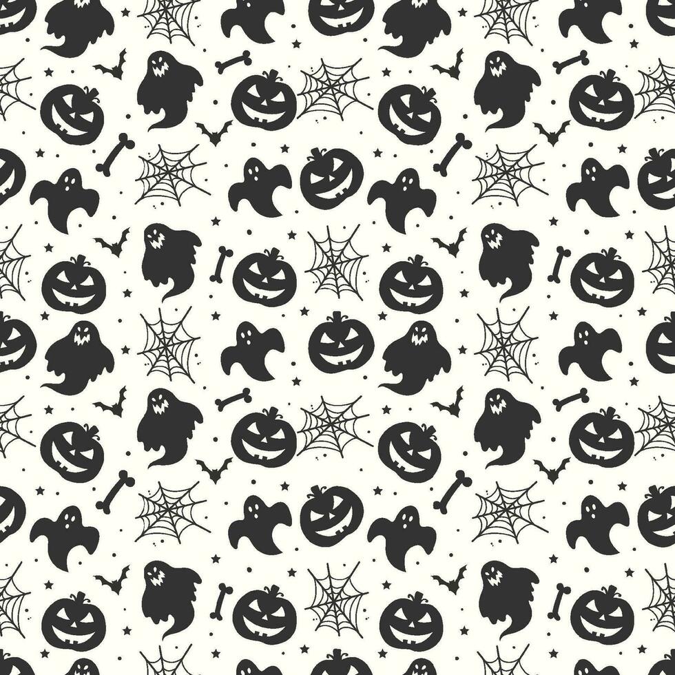 zwart en wit naadloos halloween patroon achtergrond met geesten schedels vleermuizen pompoenen en spinnenweb vector