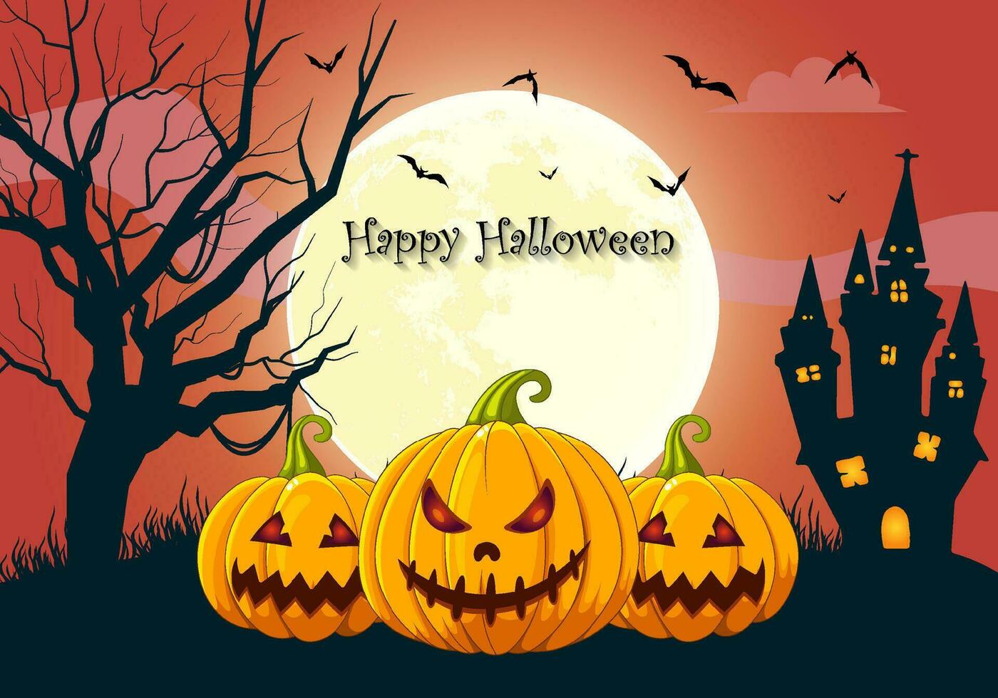 halloween achtergrond met halloween eng pompoenen vol maan en achtervolgd huis met griezelig boom vector