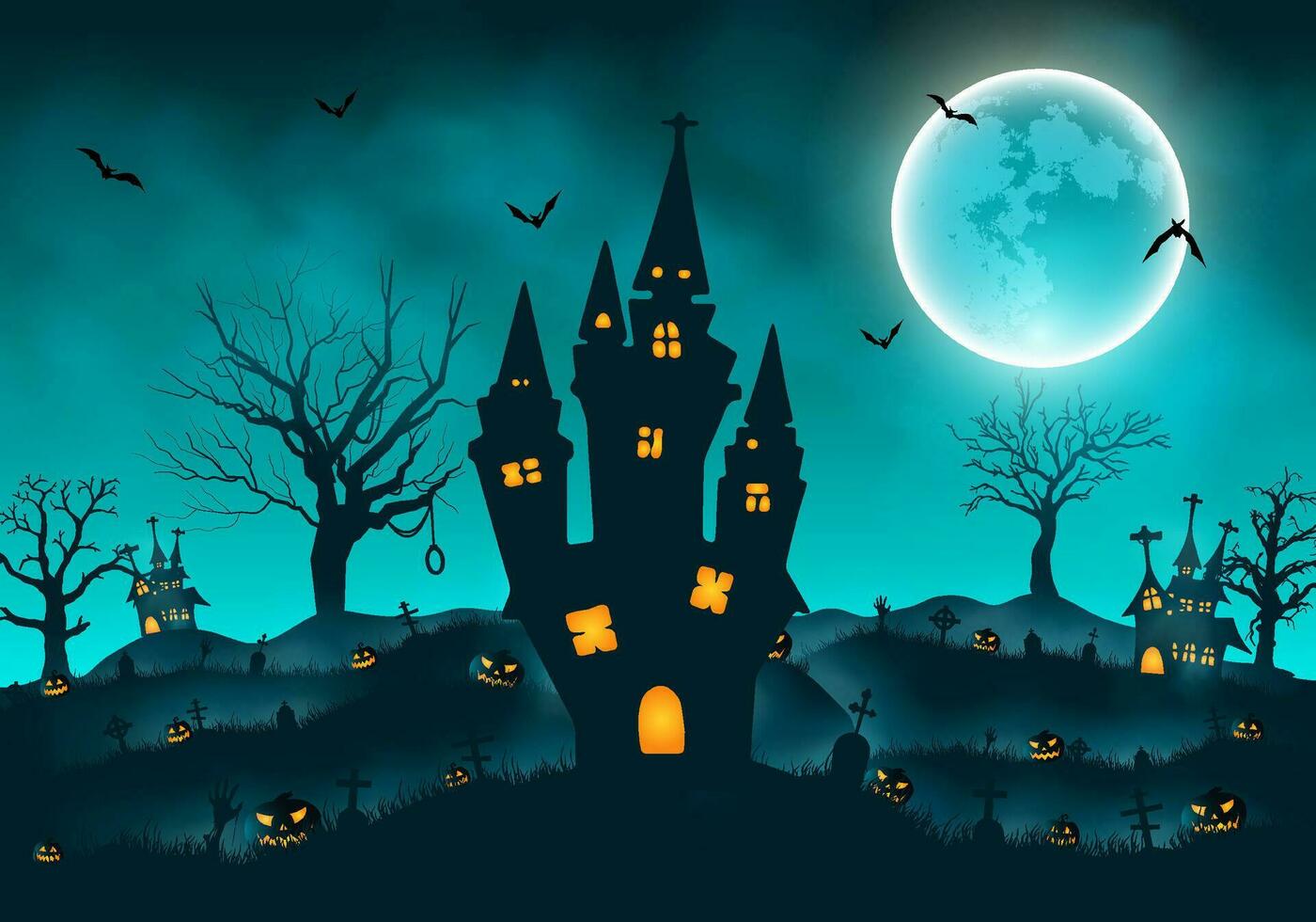 halloween achtergrond met oud begraafplaats grafstenen spookachtig donker blauw mist wolken dood boom en gejaagd huis vector