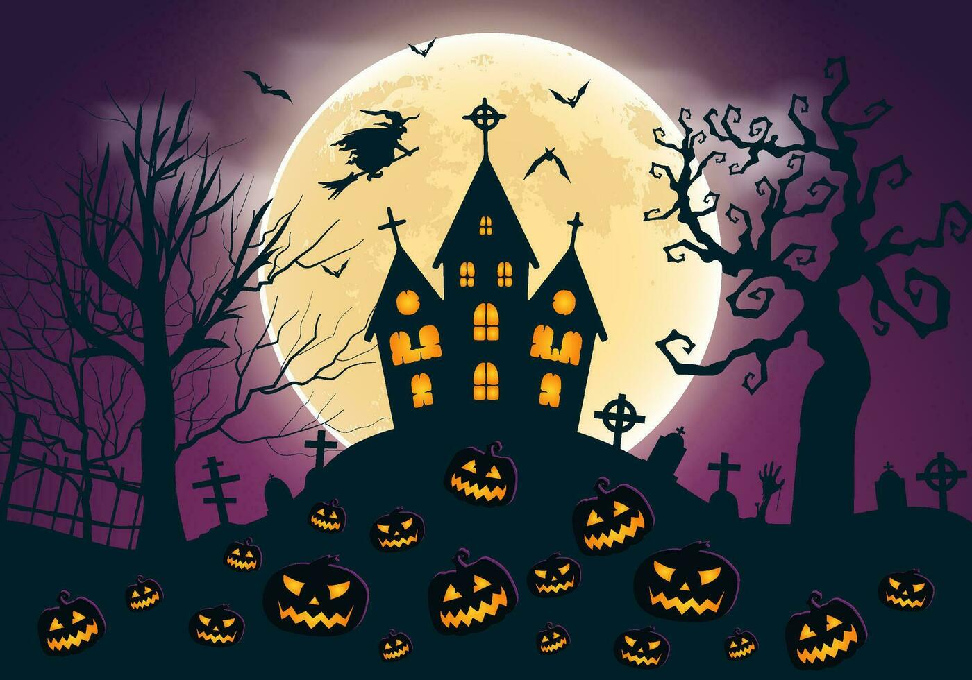 gelukkig halloween vol maan paars achtergrond met begraafplaats pompoenen bomen en gejaagd kasteel vector