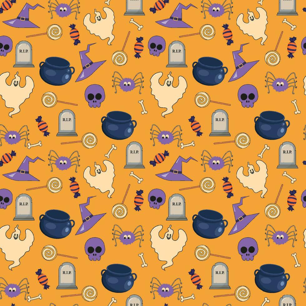 halloween patroon illustratie met geest halloween snoep en spinnen vector