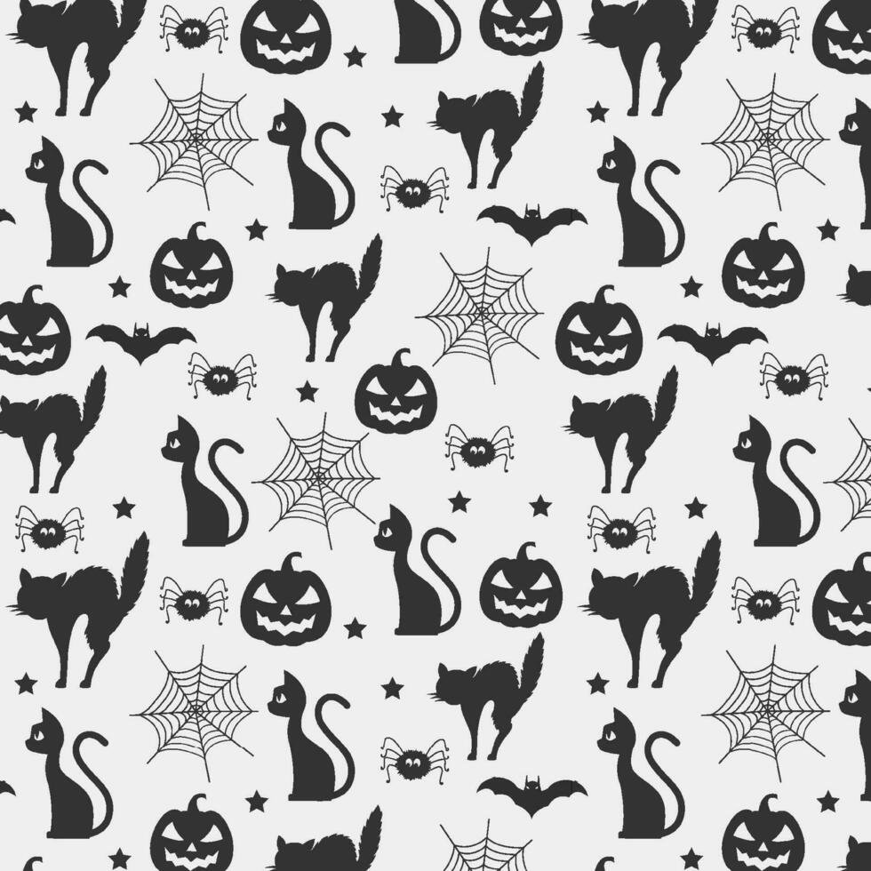 zwart en wit halloween patroon achtergrond met halloween katten en halloween elementen vector