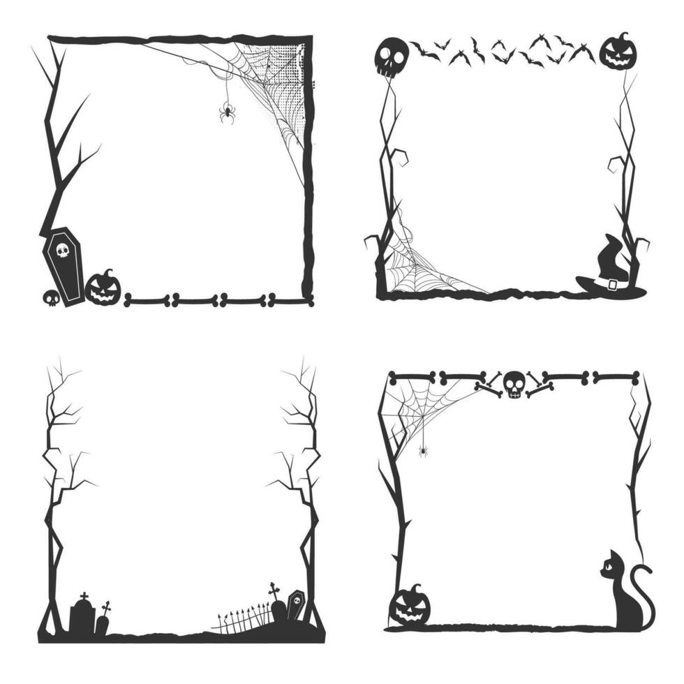 halloween silhouet decoratief kader met spin kader en griezelig boom vector