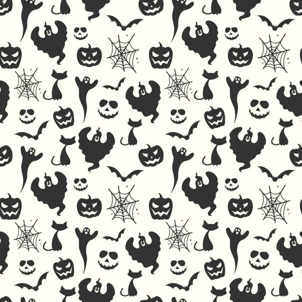 zwart en wit naadloos halloween patroon achtergrond met geesten katten vleermuizen pompoenen en spinnenweb vector