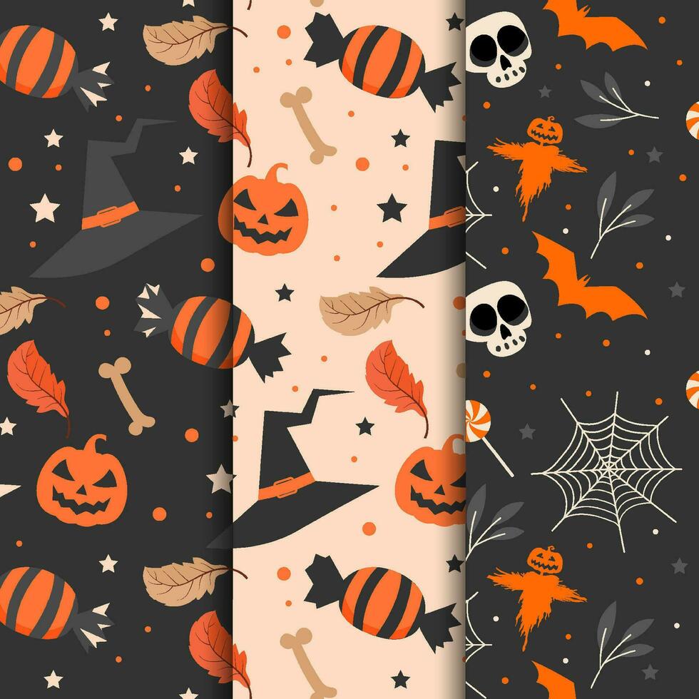 halloween patronen verzameling met heks hoed halloween snoep en spinnenweb vector