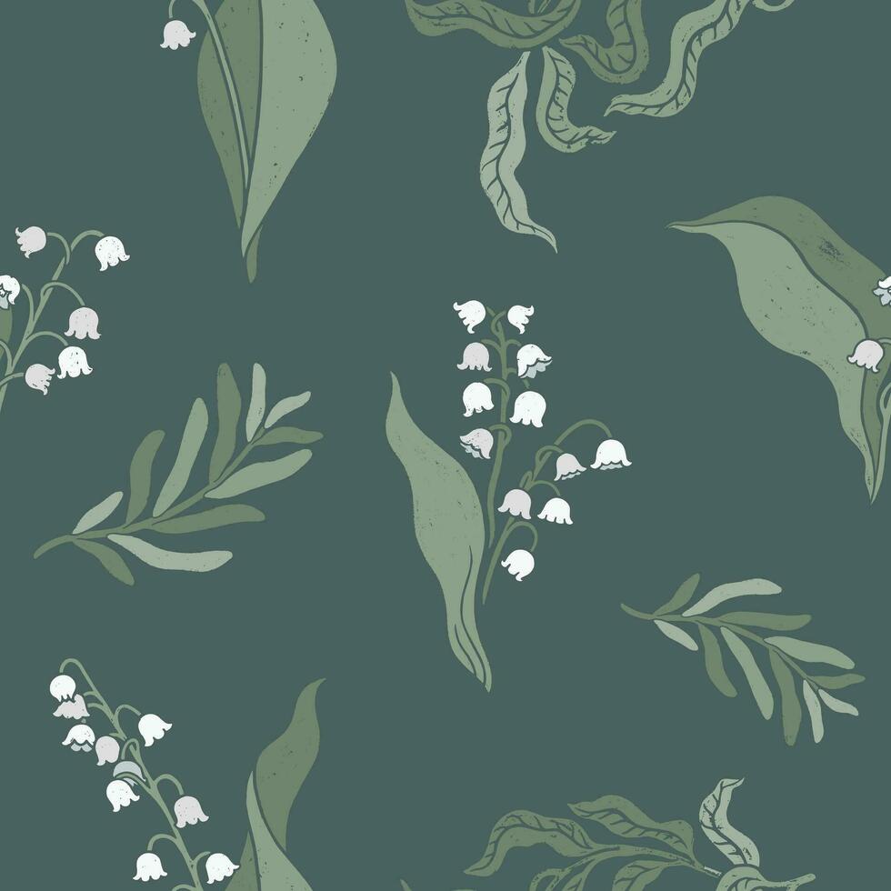 hand- getrokken naadloos patroon met lelie van de vallei bloemen. retro stijl getextureerde bloemen achtergrond. donker groen elegant kleuren. vector