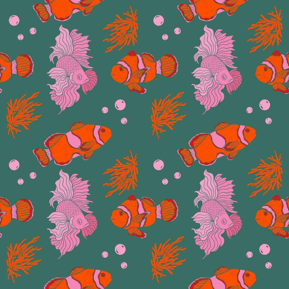 hand- getrokken clown vis, roze vis en koralen naadloos patroon. getextureerde linoleum besnoeiing stijl zomer illustraties achtergrond. speels schattig oranje en groen elegant behang. vector