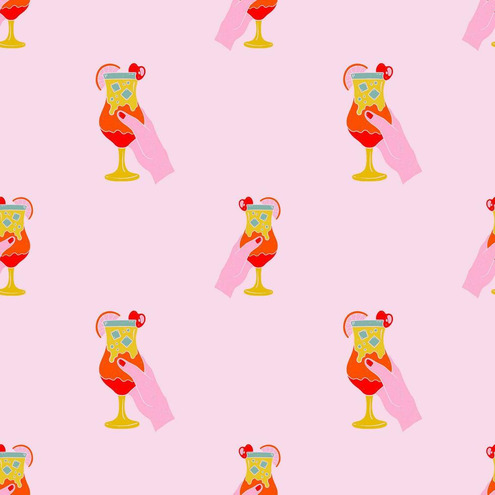 hand- getrokken hand- Holding een cocktail naadloos patroon. getextureerde linoleum besnoeiing stijl zomer illustraties achtergrond. speels schattig helder geel, oranje en roze kleuren behang. vector