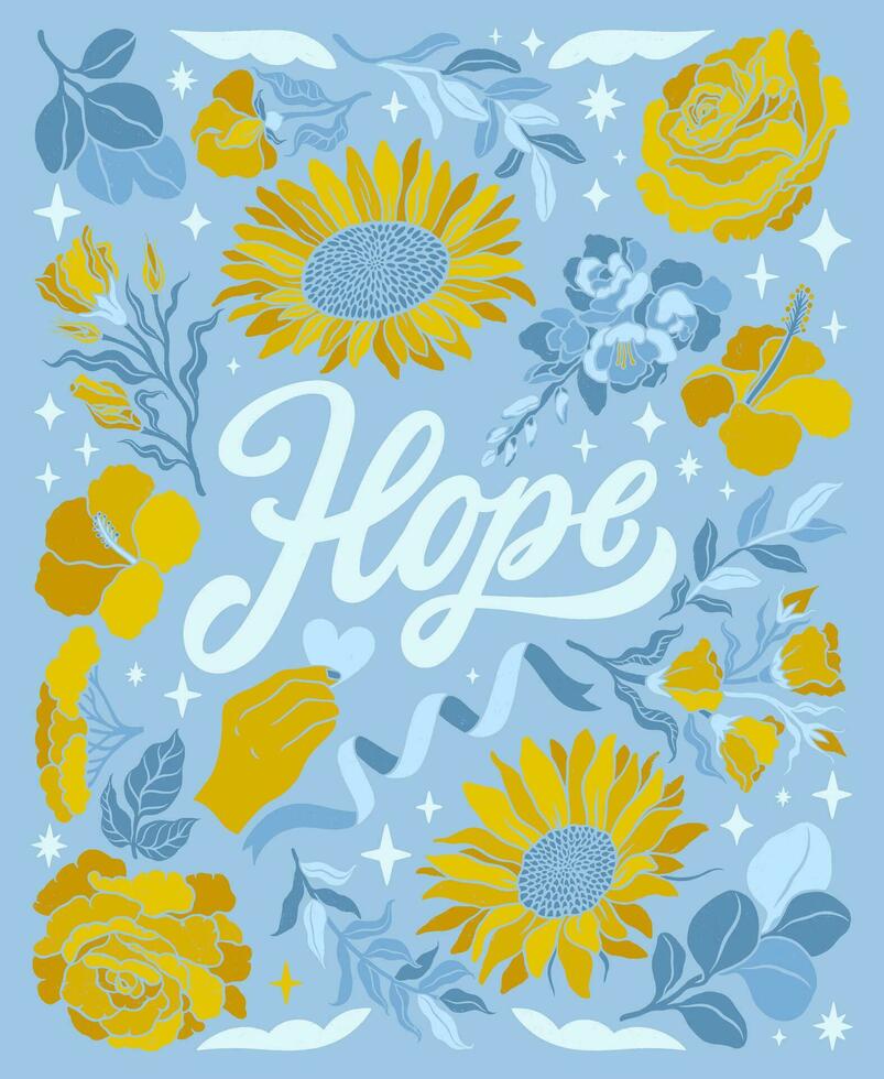 hoop - belettering poster. Nee oorlog teken. bloemen en bloem sier- decoraties. hand- getrokken vector illustratie. biologisch tekeningen. ondersteuning Oekraïne. wijnoogst stijl.