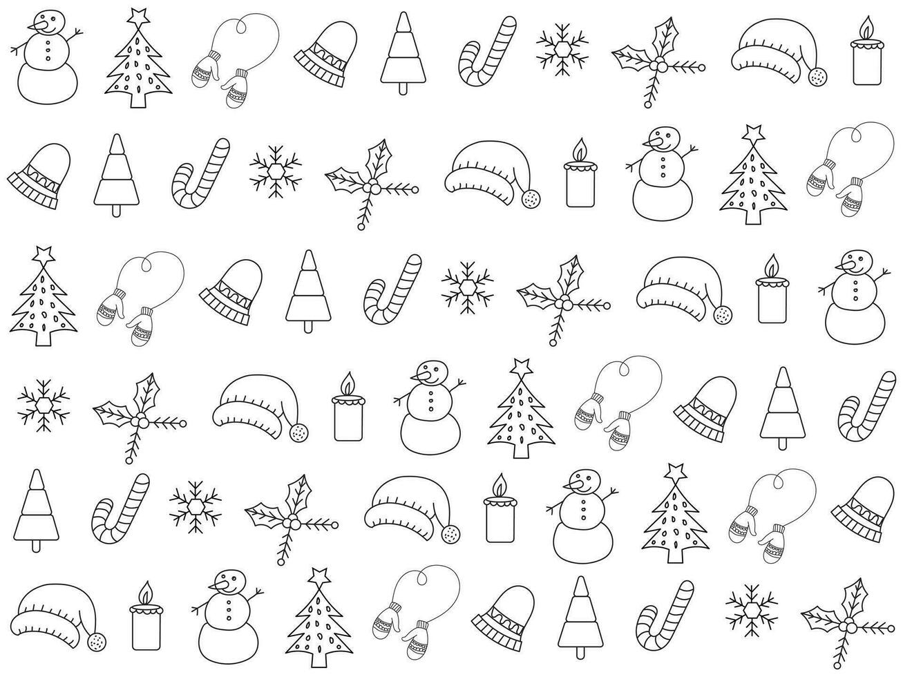 Kerstmis icoon reeks met sneeuwvlokken, hoeden, ster, Kerstmis boom, ballen, oranje, sok, geschenk, drinken en slingers. vector pictogrammen voor bedrijf en vakantie