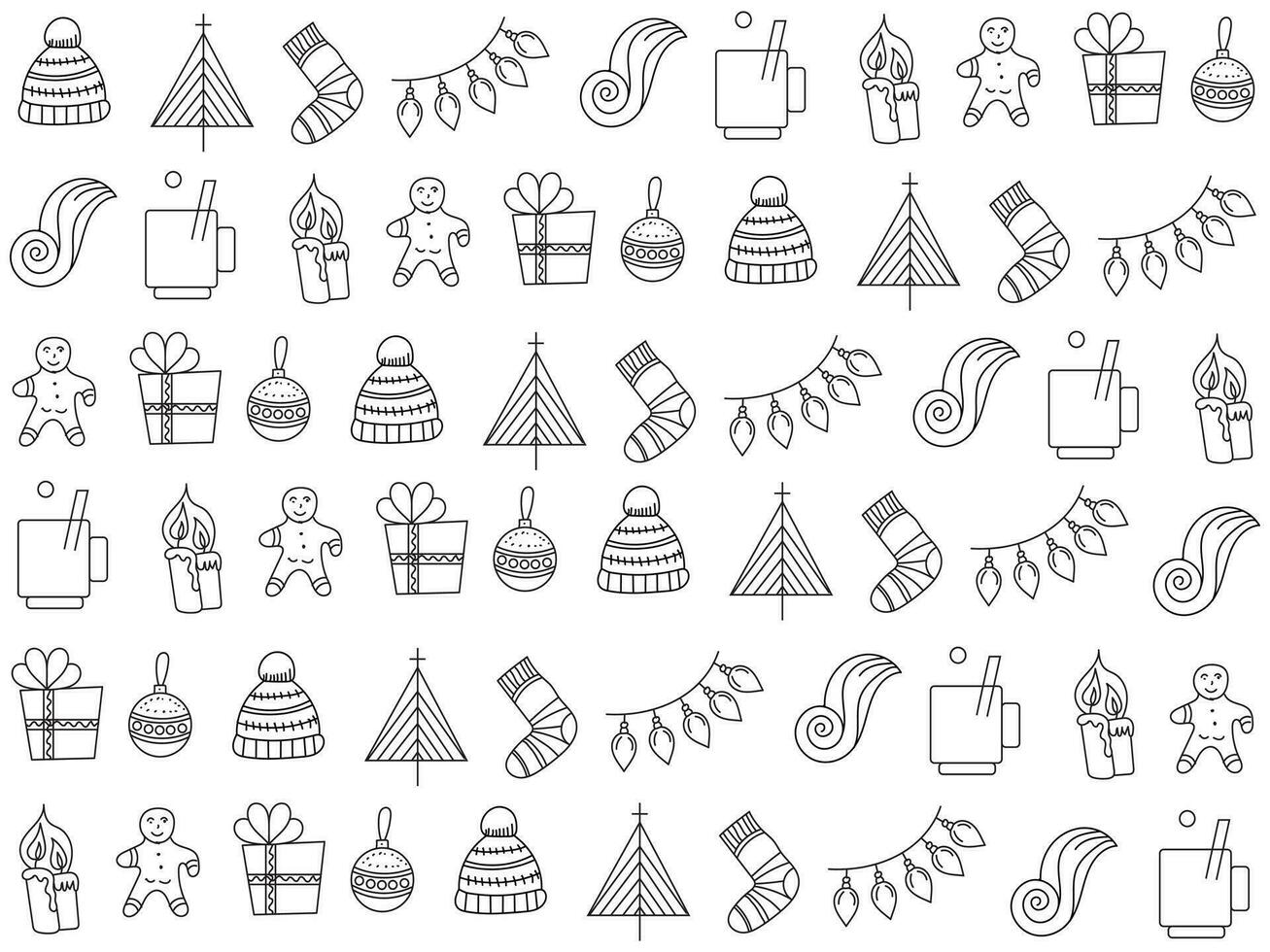 Kerstmis icoon reeks met sneeuwvlokken, hoeden, ster, Kerstmis boom, ballen, oranje, sok, geschenk, drinken en slingers. vector pictogrammen voor bedrijf en vakantie