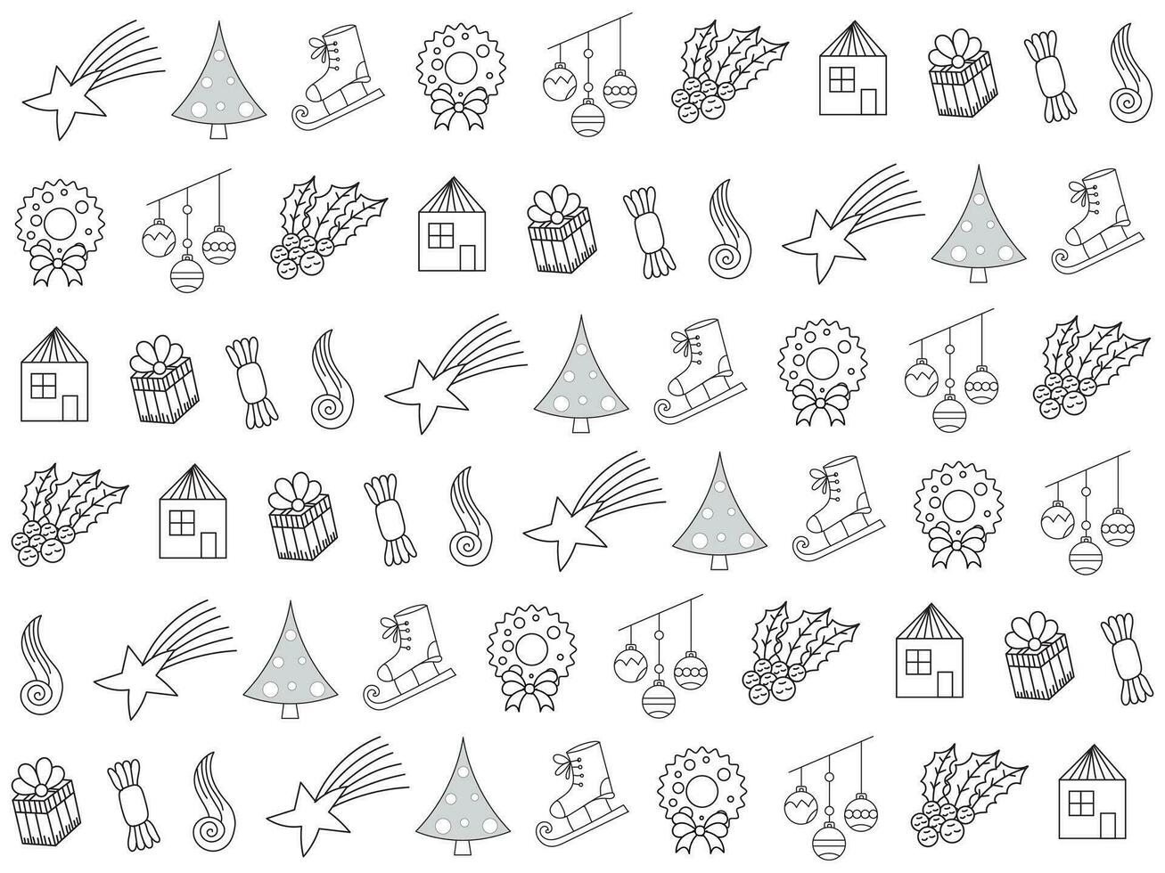 Kerstmis icoon reeks met sneeuwvlokken, hoeden, ster, Kerstmis boom, ballen, oranje, sok, geschenk, drinken en slingers. vector pictogrammen voor bedrijf en vakantie