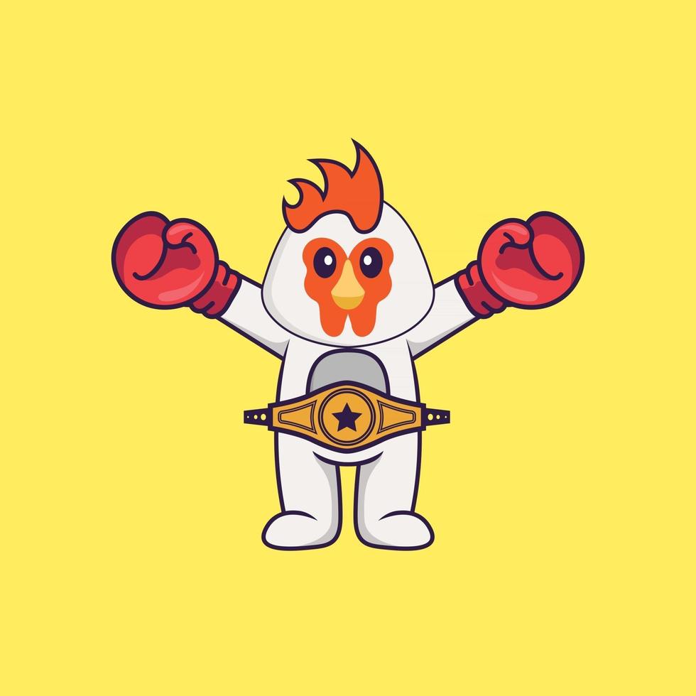 schattige kip in boxerkostuum met kampioensriem. dierlijk beeldverhaalconcept geïsoleerd. kan worden gebruikt voor t-shirt, wenskaart, uitnodigingskaart of mascotte. platte cartoonstijl vector