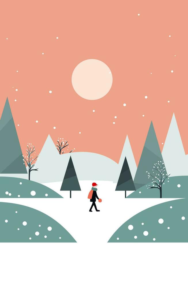 Kerstmis winter wonderland vlak vector groet kaart illustratie