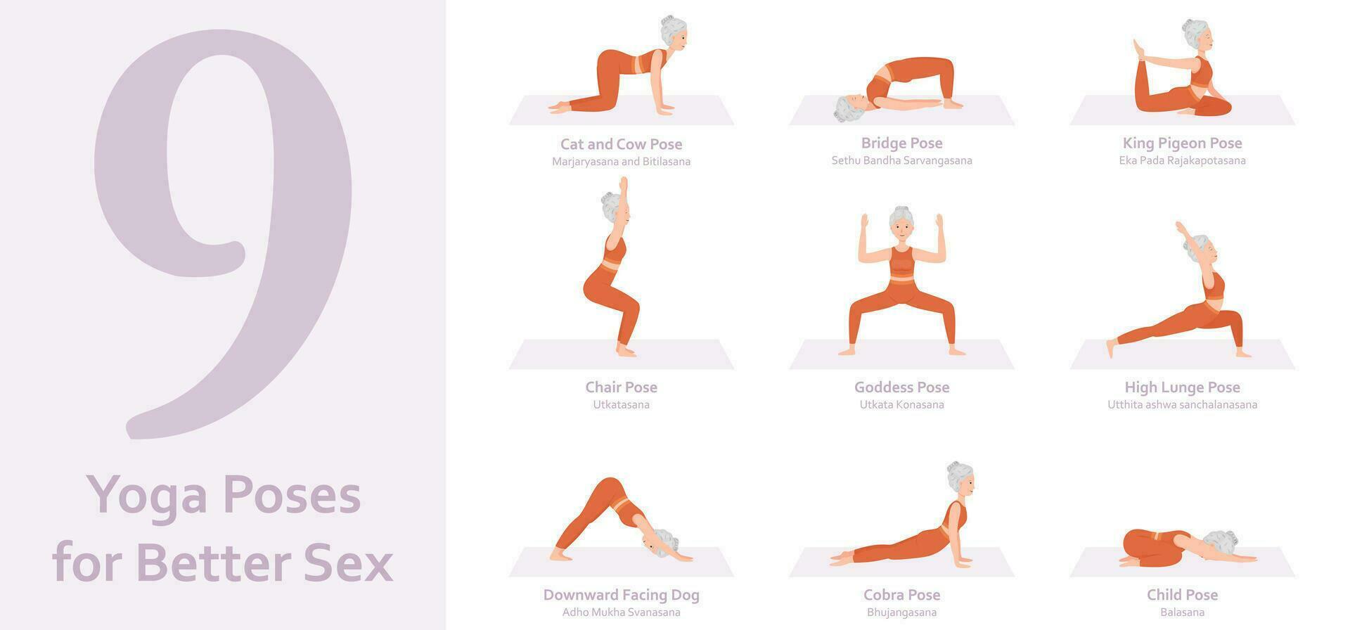 yoga poses voor beter seks. ouderen vrouw beoefenen yoga asana. gezond levensstijl. vol lichaam yoga, fitheid, aëroob en opdrachten training. vlak tekenfilm karakter. vector illustratie