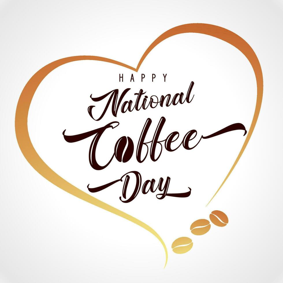 gelukkig Internationale of nationaal koffie dag hand- belettering. gouden koffie bonen en aroma hart logo vector