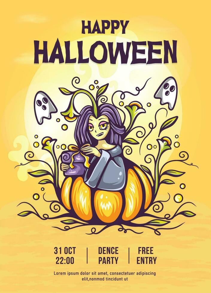 creatief verschrikking halloween folder sjabloon met pompoen meisje illustratie vector