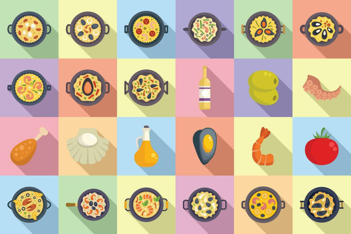 paella pictogrammen reeks vlak vector. schotel koken vector