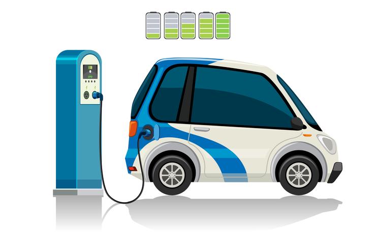 Een elektrische auto bij het laadstation vector