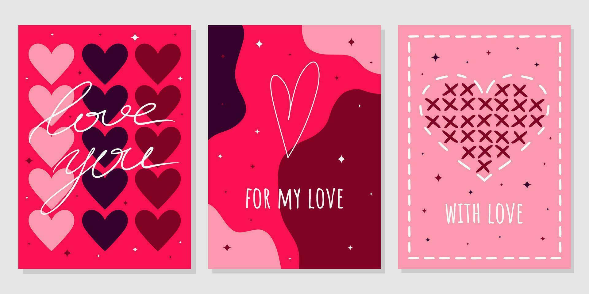 Valentijnsdag dag groet kaart set. hand- getrokken modieus tekenfilm hart, liefde belettering. vector illustratie