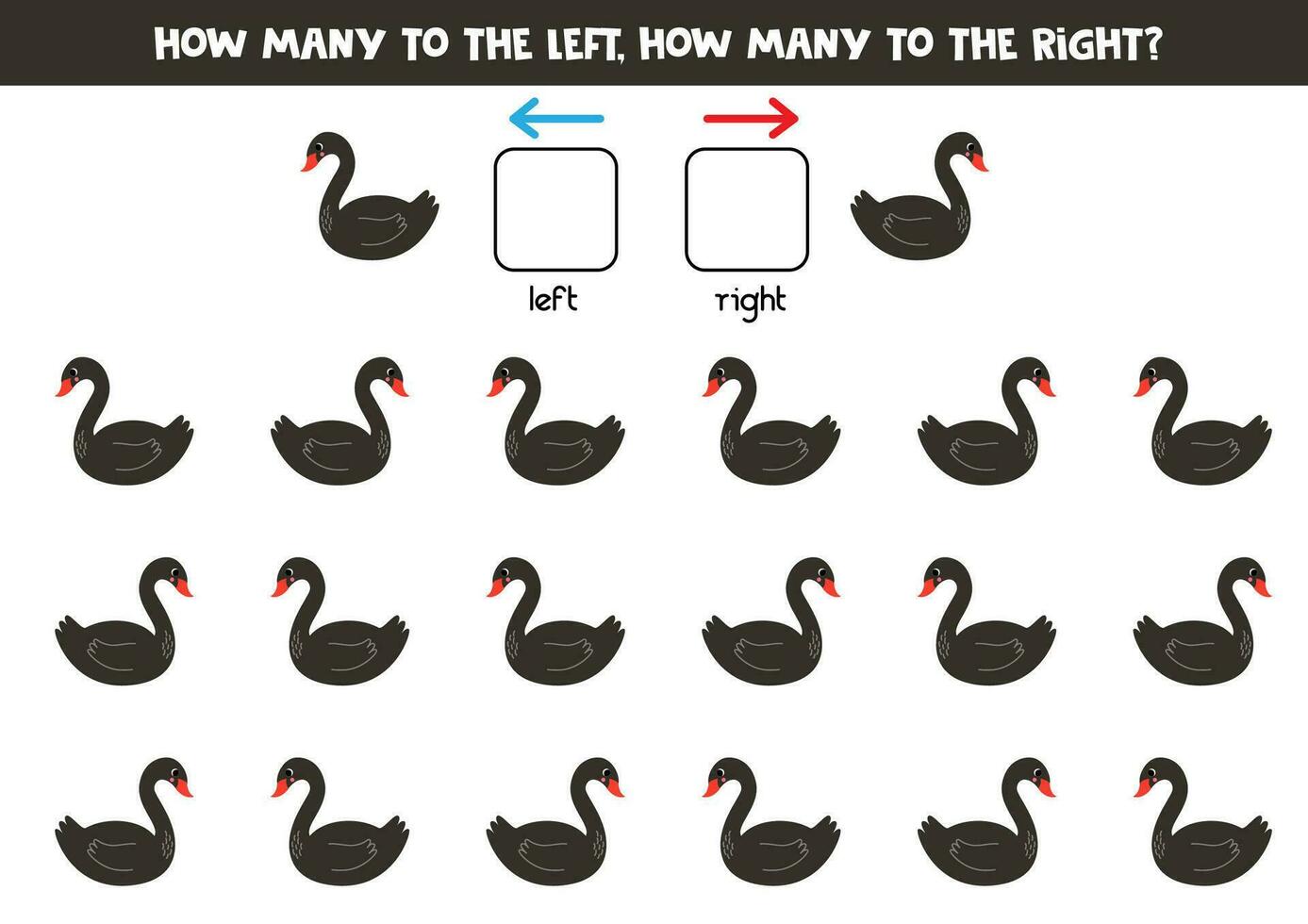 links of Rechtsaf met schattig tekenfilm zwart zwaan. logisch werkblad voor kleuters. vector