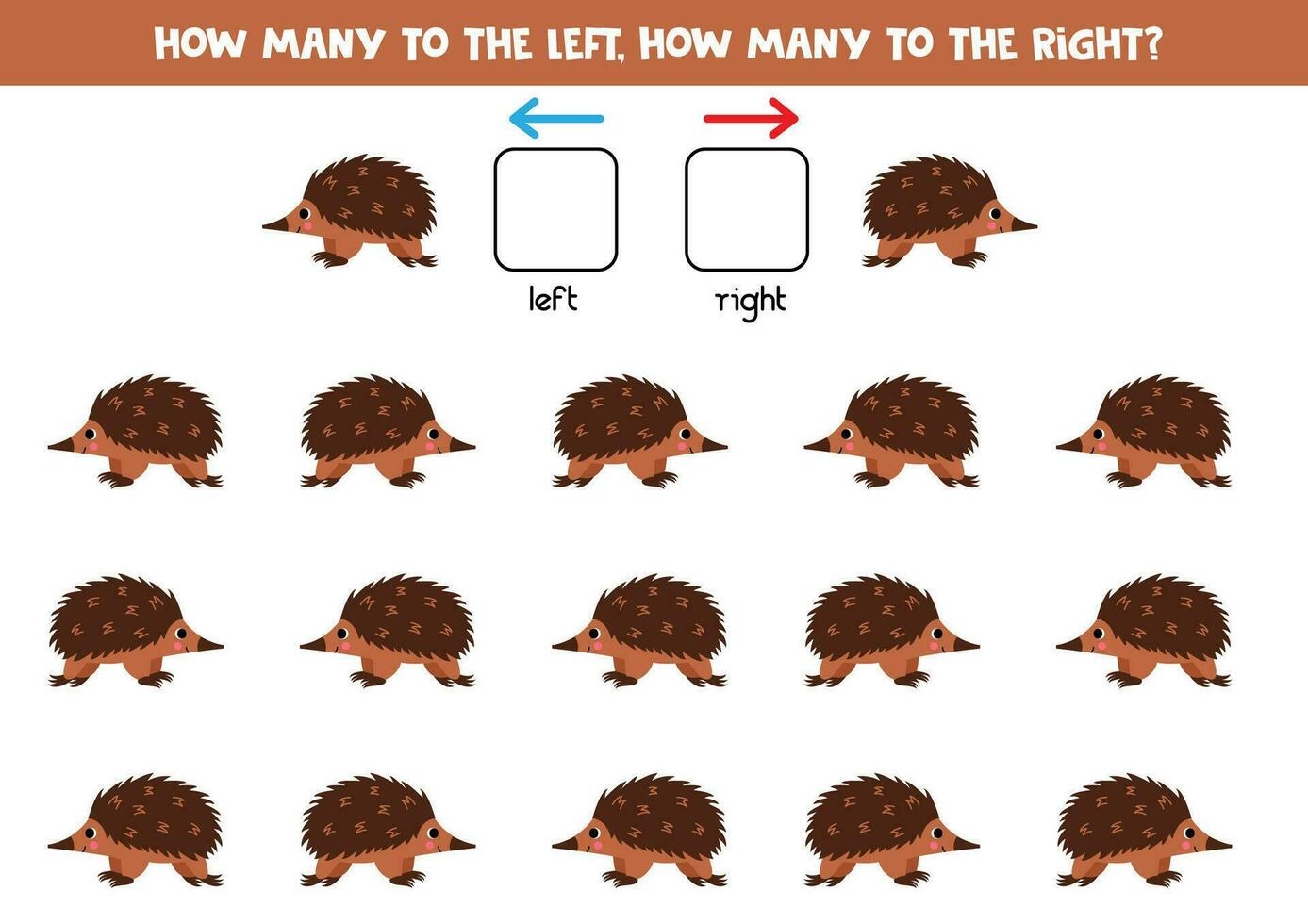 links of Rechtsaf met schattig tekenfilm mierenegel. leerzaam spel naar leren links en Rechtsaf. vector