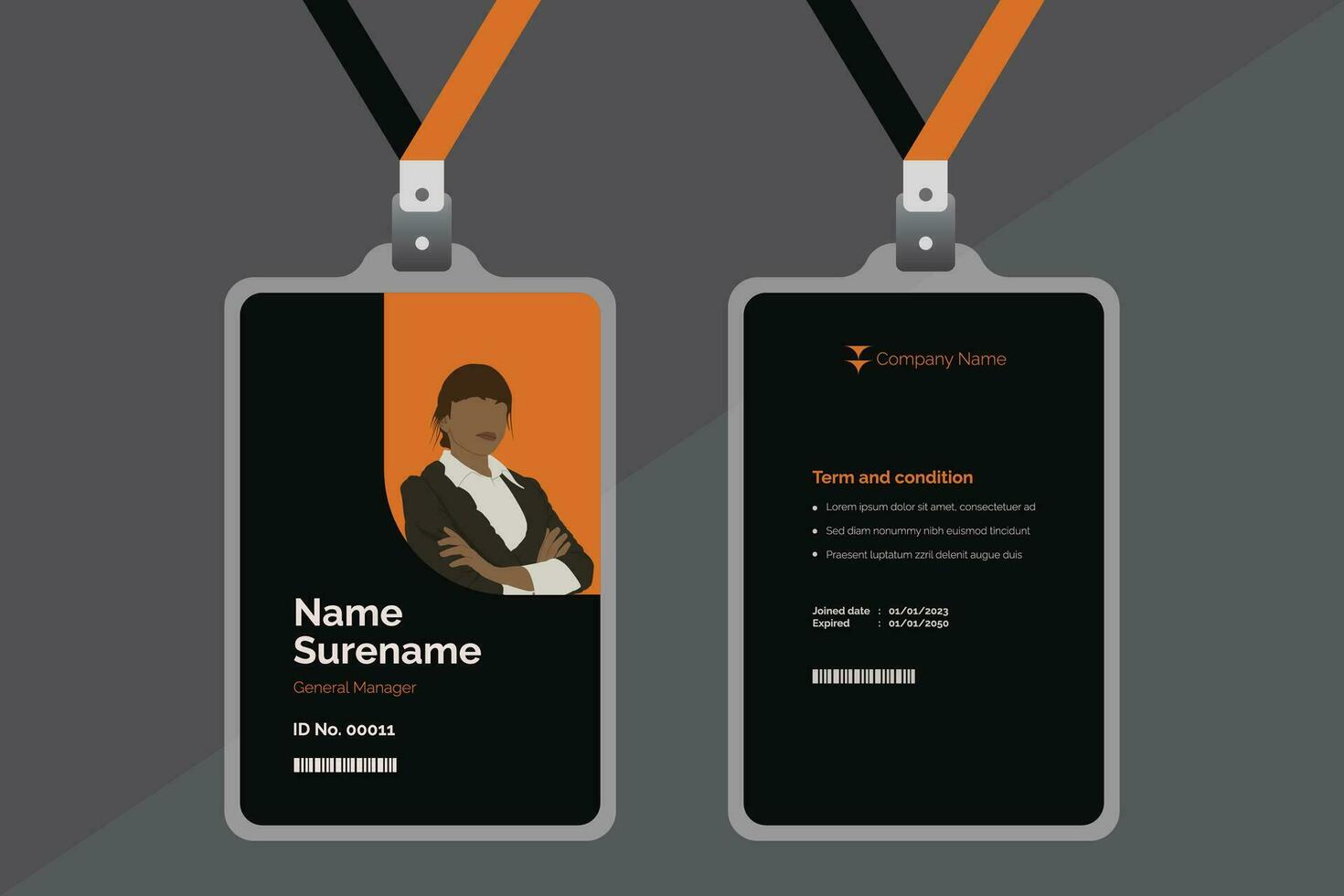 zwart zakelijke ID kaart kaart sjabloon, schoon ID kaart kaart ontwerp met realistisch draagriem mockup vector