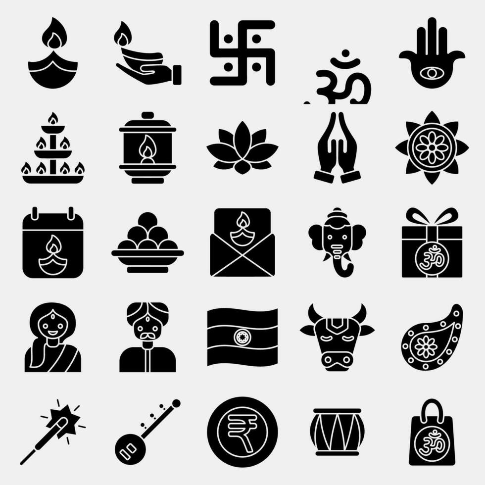 icoon reeks van divali. diwali viering elementen. pictogrammen in glyph stijl. mooi zo voor afdrukken, affiches, logo, decoratie, infografieken, enz. vector