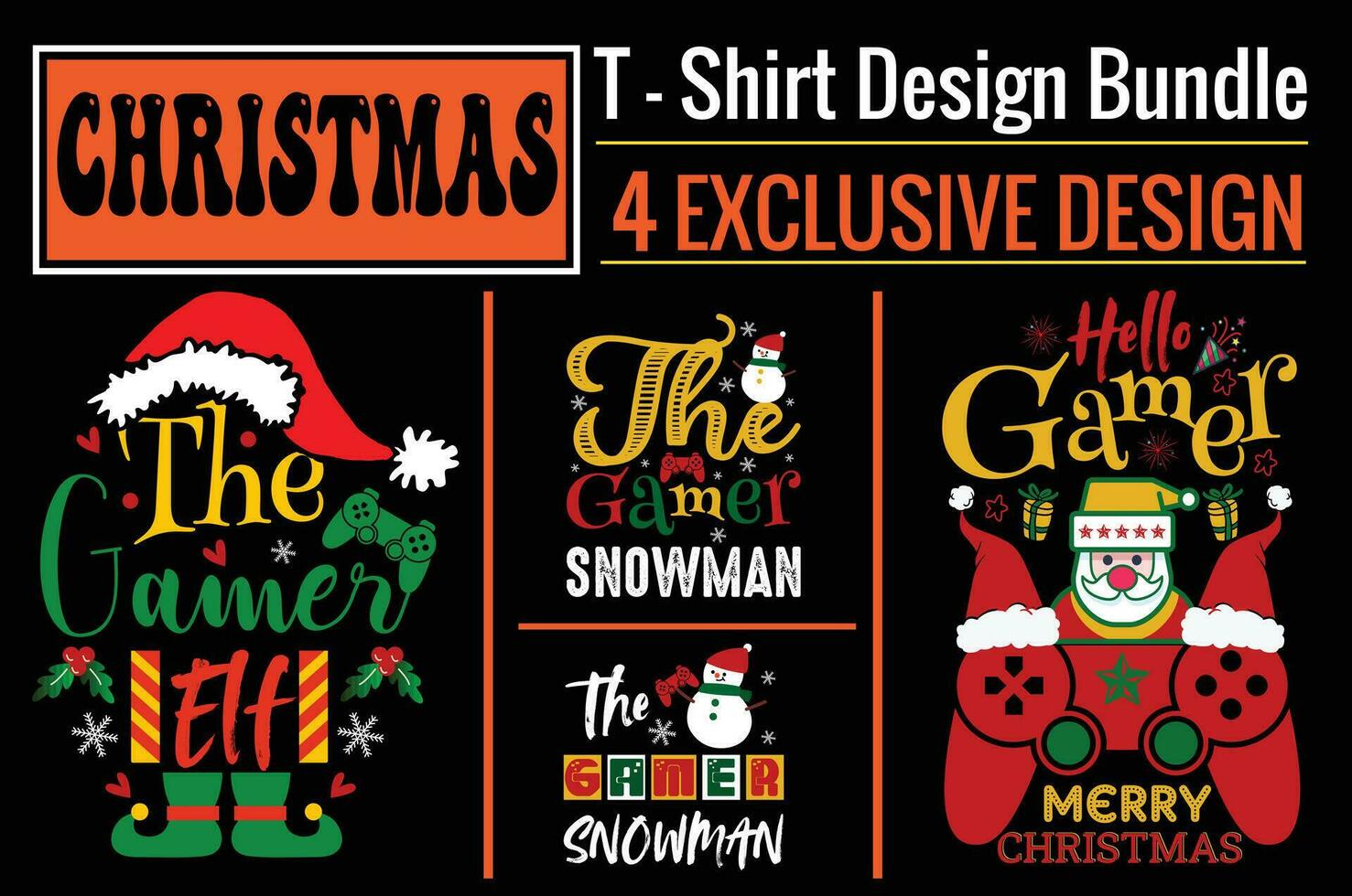 retro, de gamer elf, de gamer sneeuwman, Hallo gamer vrolijk kerstmis, Kerstmis t-shirt ontwerp bundel. klaar naar afdrukken voor kleding, poster, en illustratie. modern, gemakkelijk, belettering t-shirt vector