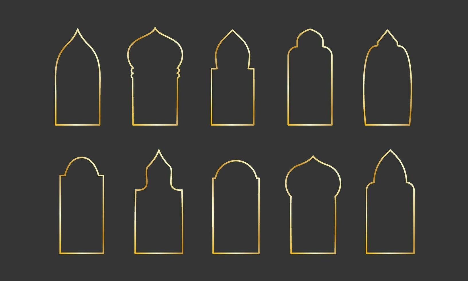 gouden meetkundig kozijnen. goud ramen in Arabisch stijl. dun lijn boog reeks voor uitnodiging decoratie. vector illustratie Aan zwart achtergrond. geïsoleerd